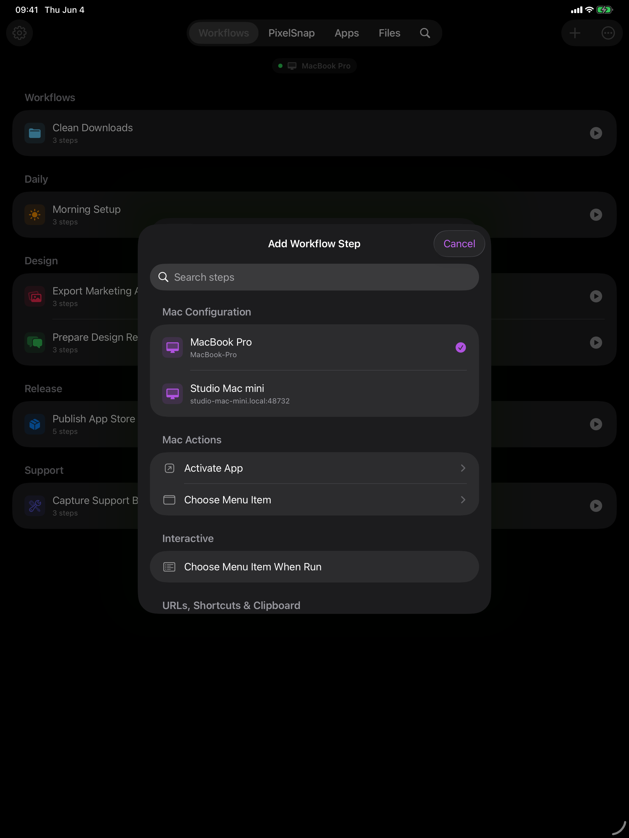 Cuevello add workflow steps screen on iPad