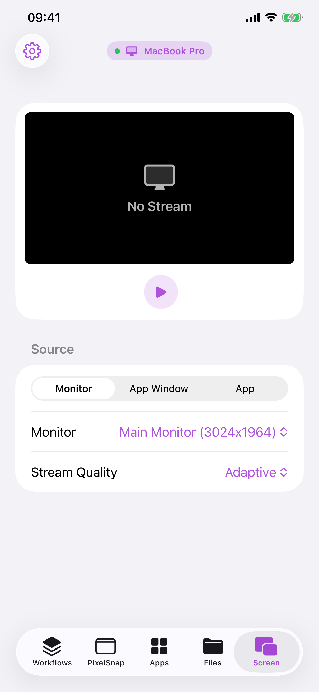 Cuevello Screen source and quality settings on iPhone