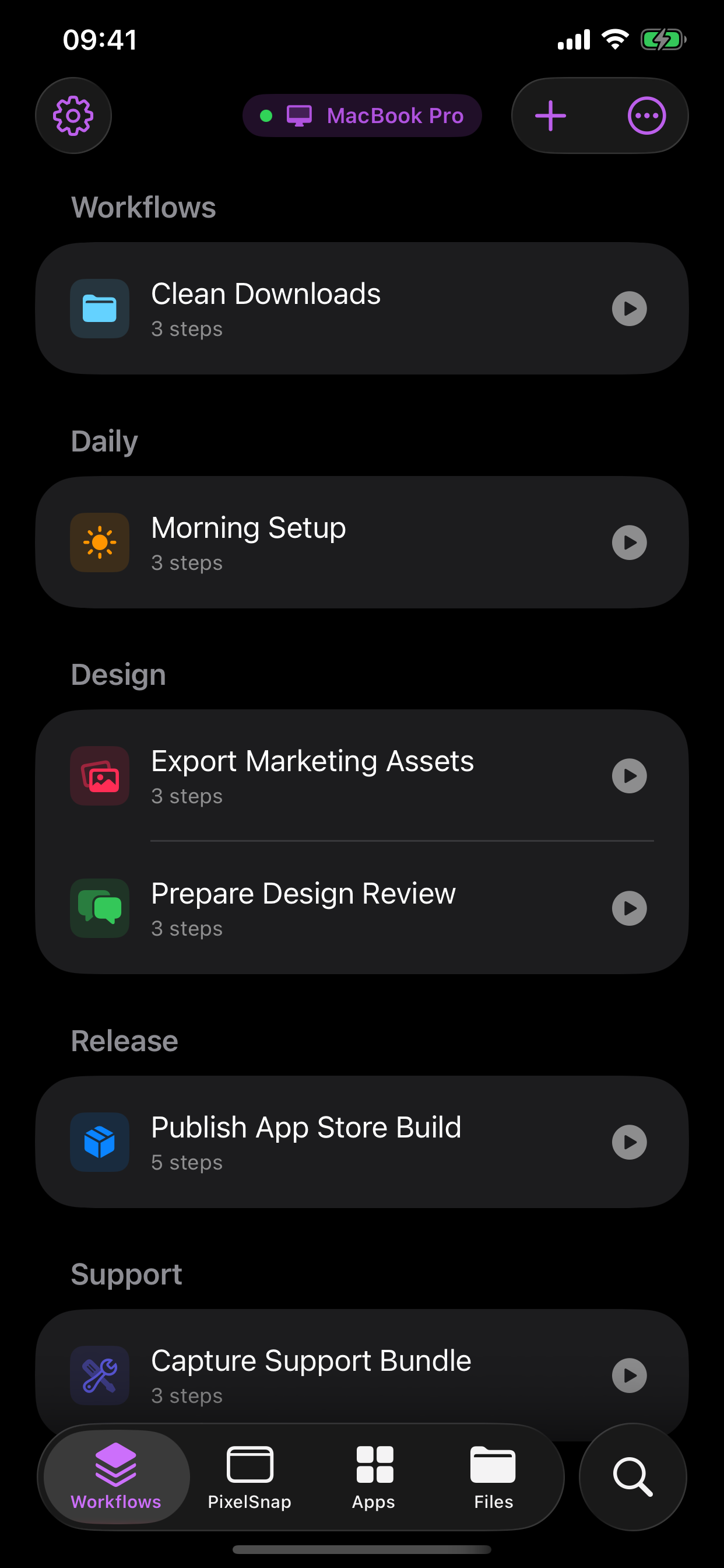 Cuevello workflows screen on iPhone
